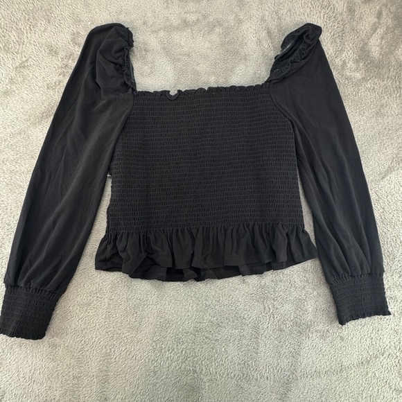 Pretty In Paint Black Smocked Square Neck Ruffle Peplum Long Sleeve Top Large - Picture 3 of 8